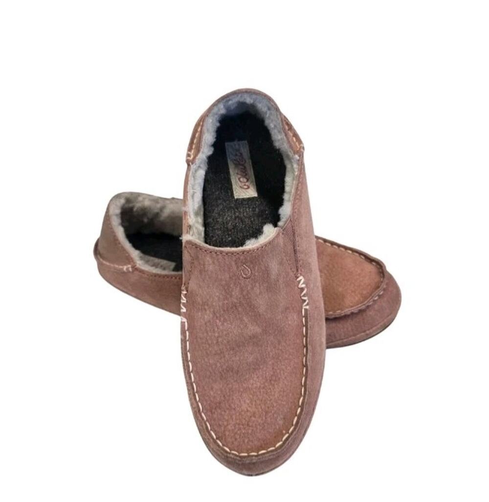 OluKai Nohea Slipper Women's 8 Cedarwood Nubuck Shearling Lined Moccasin Shoes